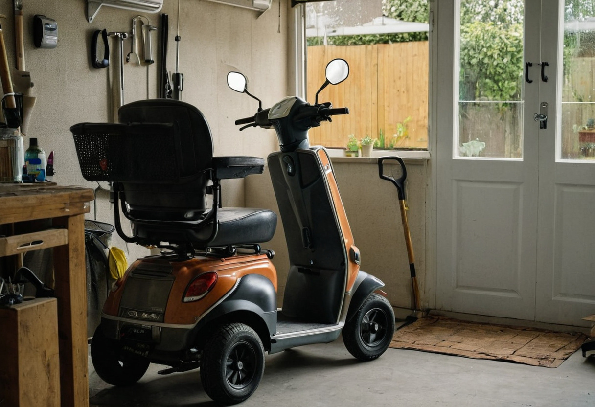 Four-wheel mobility scooter in a garage doorway with a front basket and tools on the wall behind