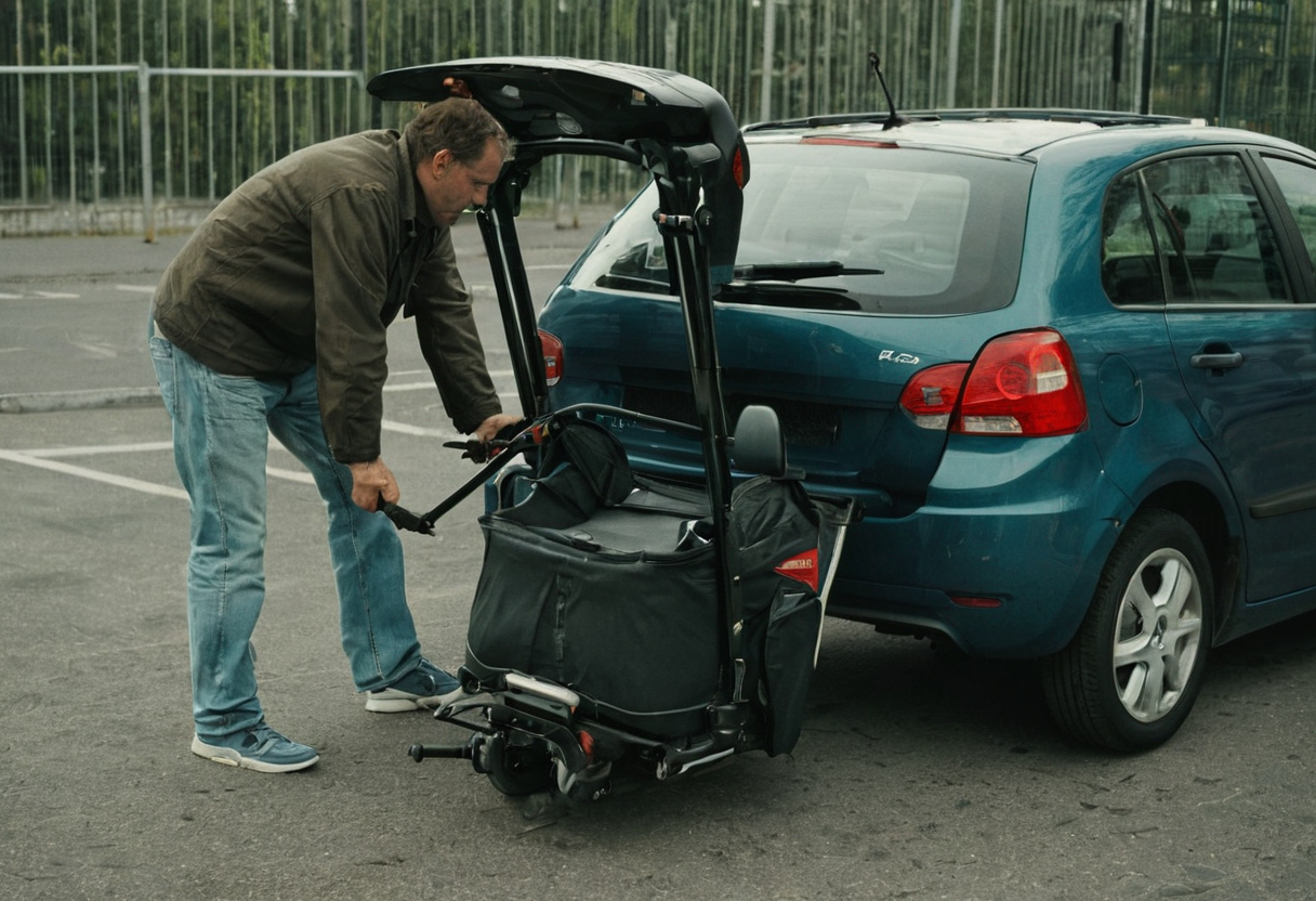 Man lifting a folded travel mobility scooter into the boot of a car