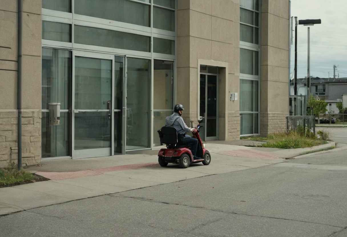 Person on a mobility scooter travelling along a city sidewalk beside a glass-fronted building