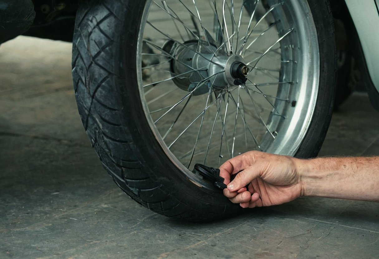 Checking the tyre on a mobility scooter wheel with a small pressure gauge
