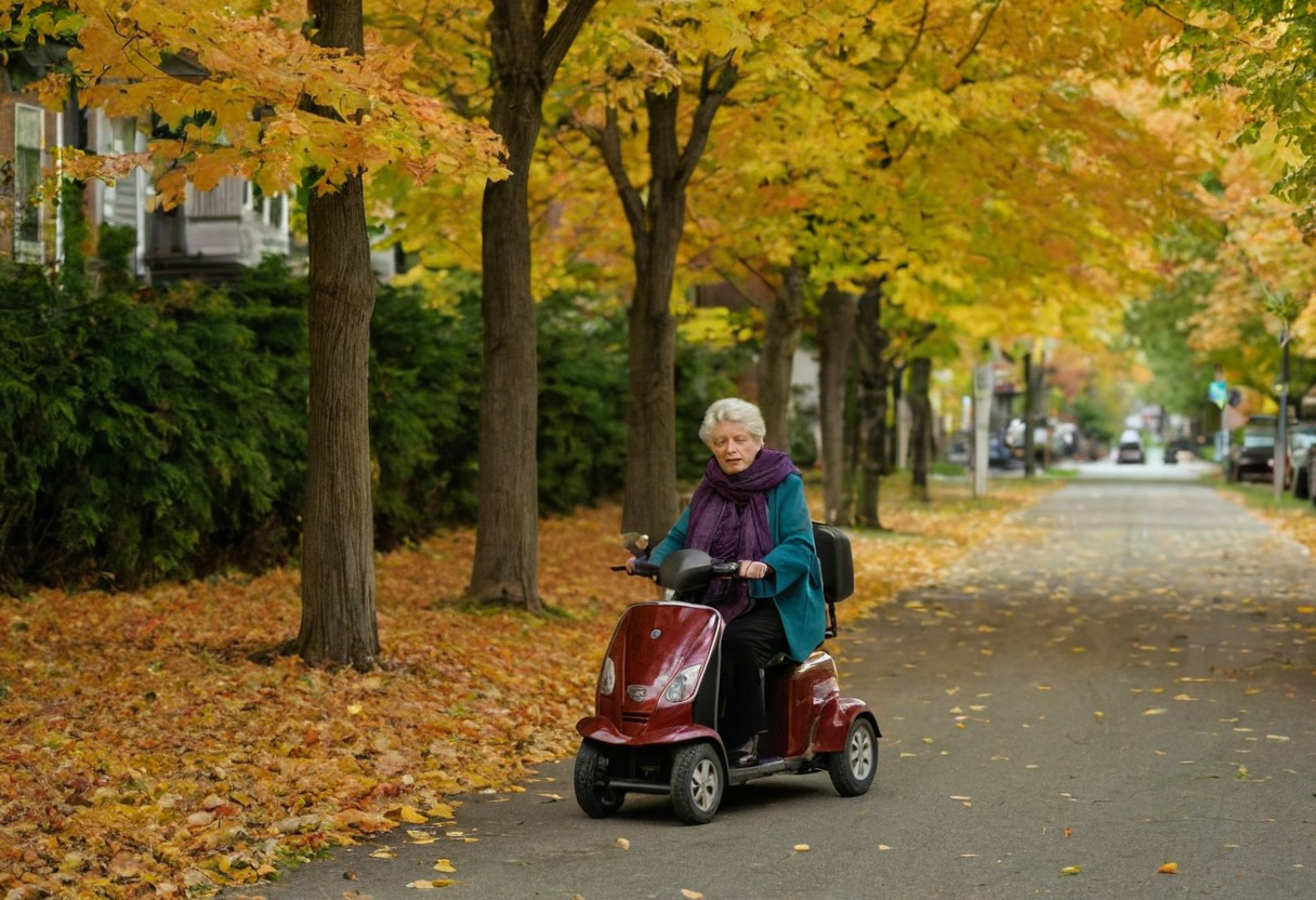 Older woman riding a four-wheel mobility scooter along a street lined with autumn maples