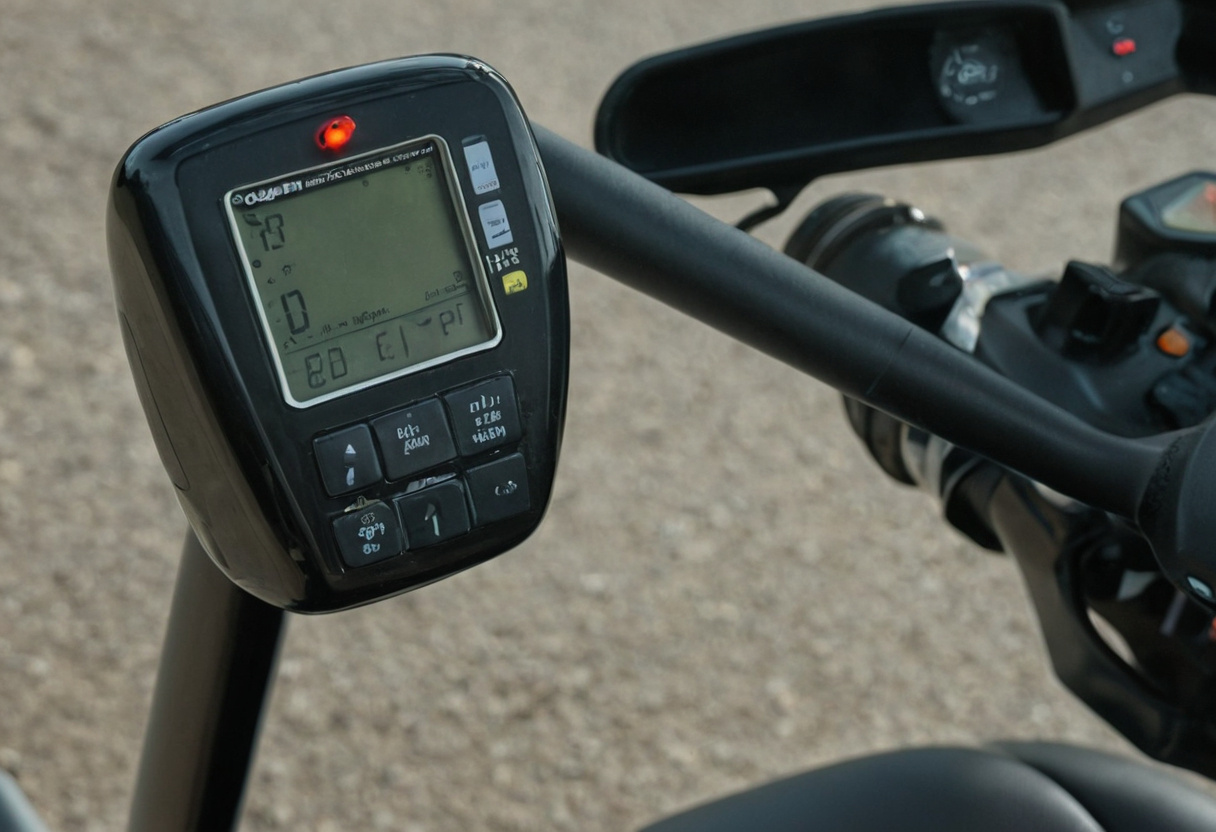Tiller display panel of a mobility scooter showing battery level and speed setting