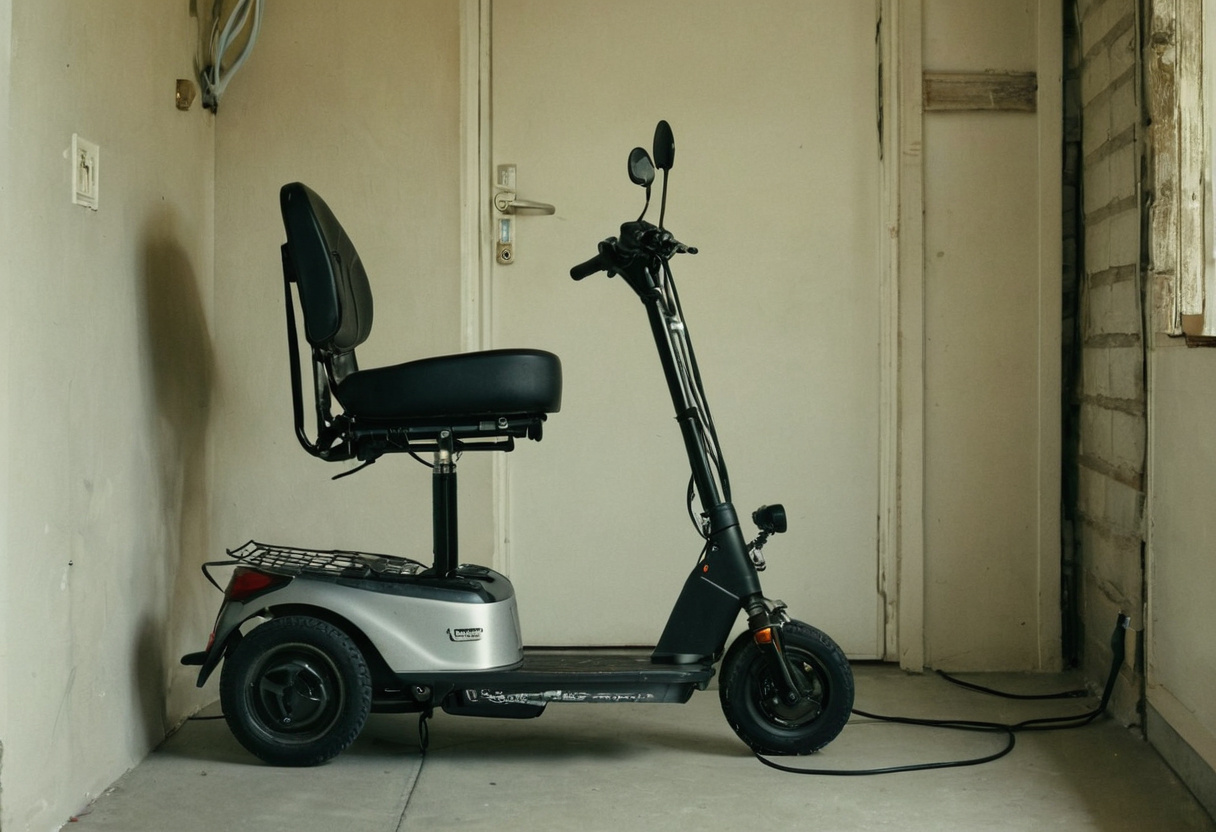 Three-wheel mobility scooter plugged into a wall charger indoors