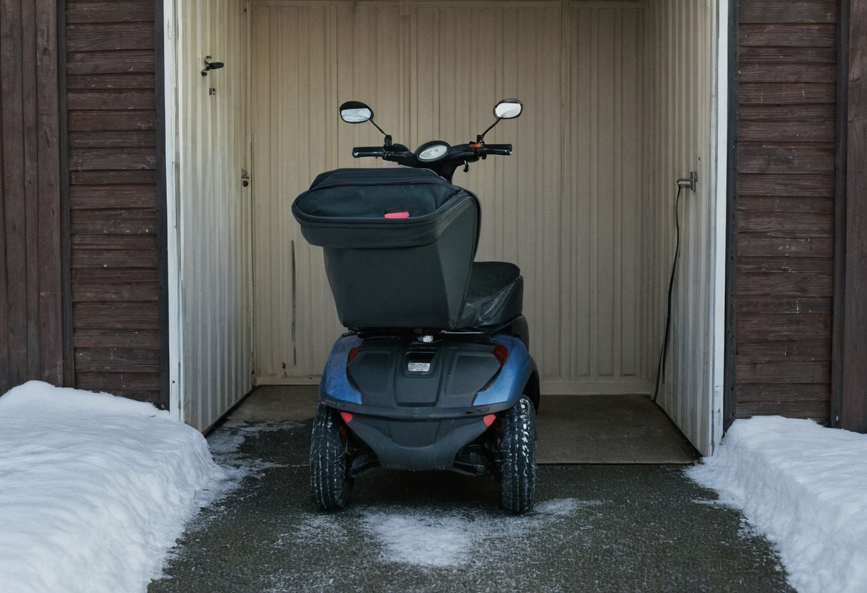 Mobility scooter stored in a garage with snow on the ground outside