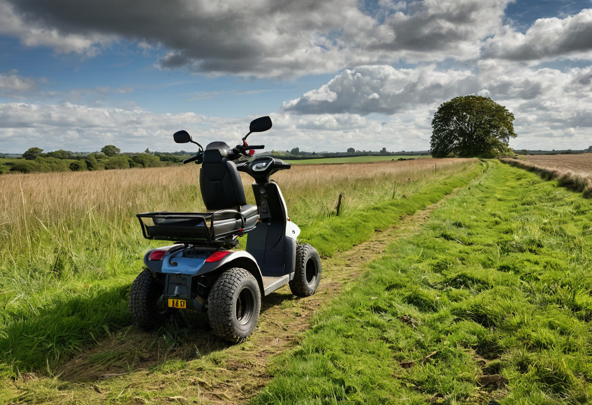 All-terrain mobility scooter on a grass track across open farmland
