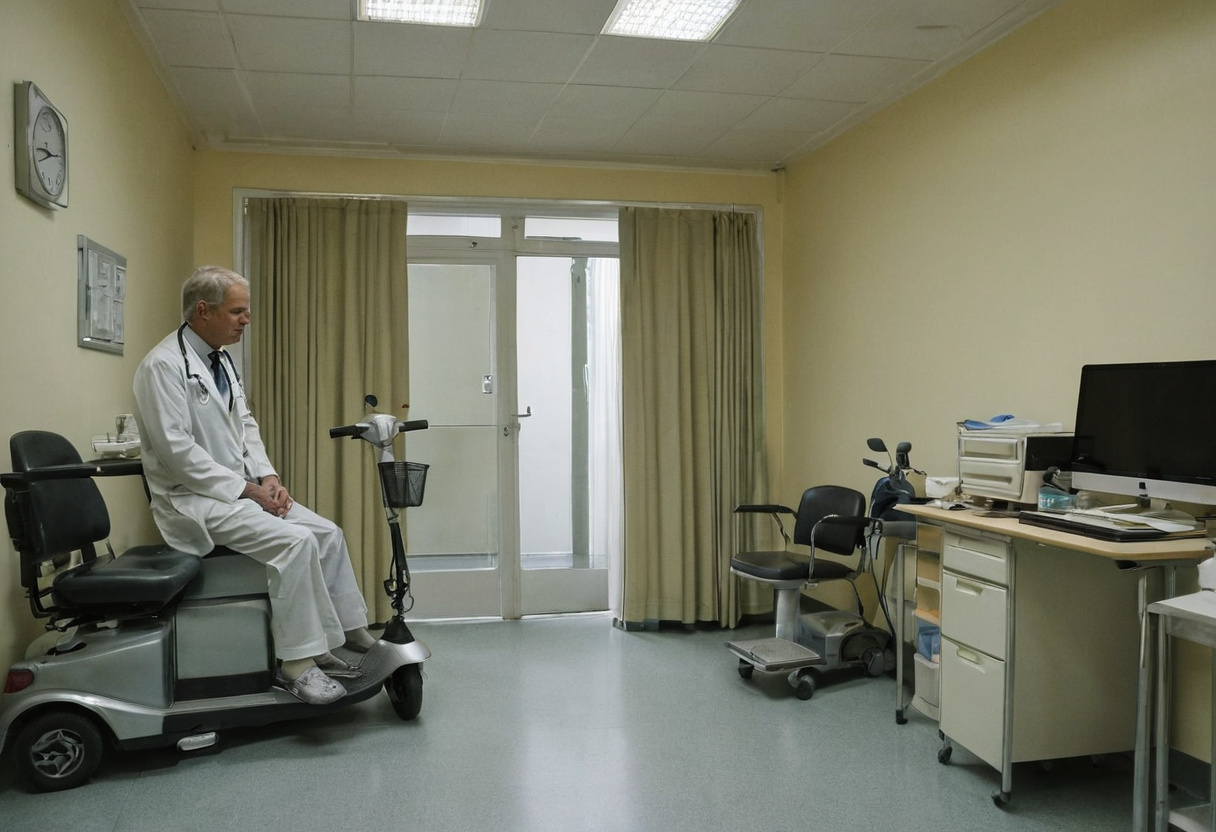Doctor in a consulting room with a mobility scooter beside the examination area