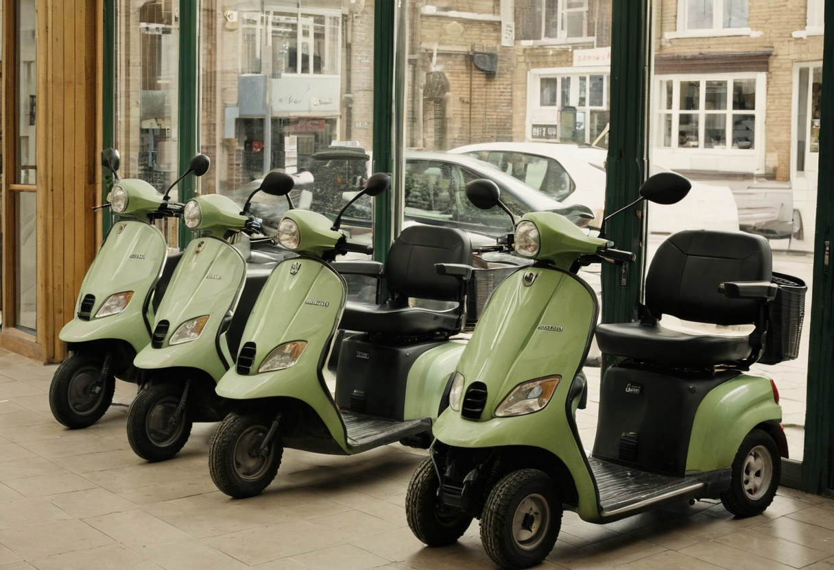 Row of mobility scooters parked ready for hire inside a rental shop