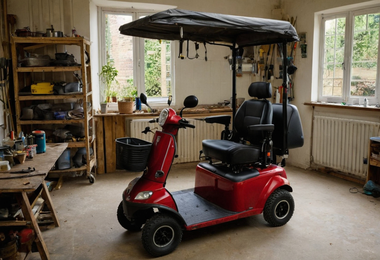 Mobility scooter fitted with a weather canopy in a home workshop