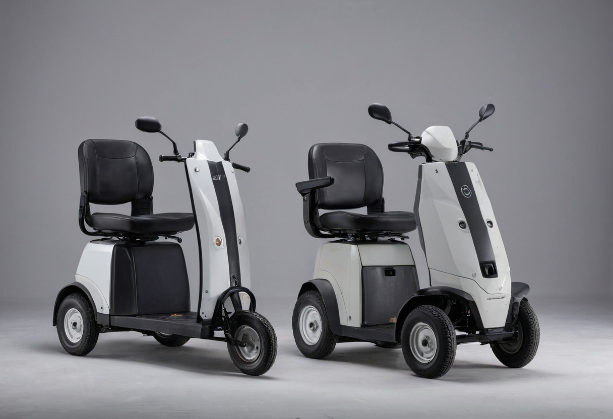 Two mobility scooters standing side by side against a plain background, seen from the side
