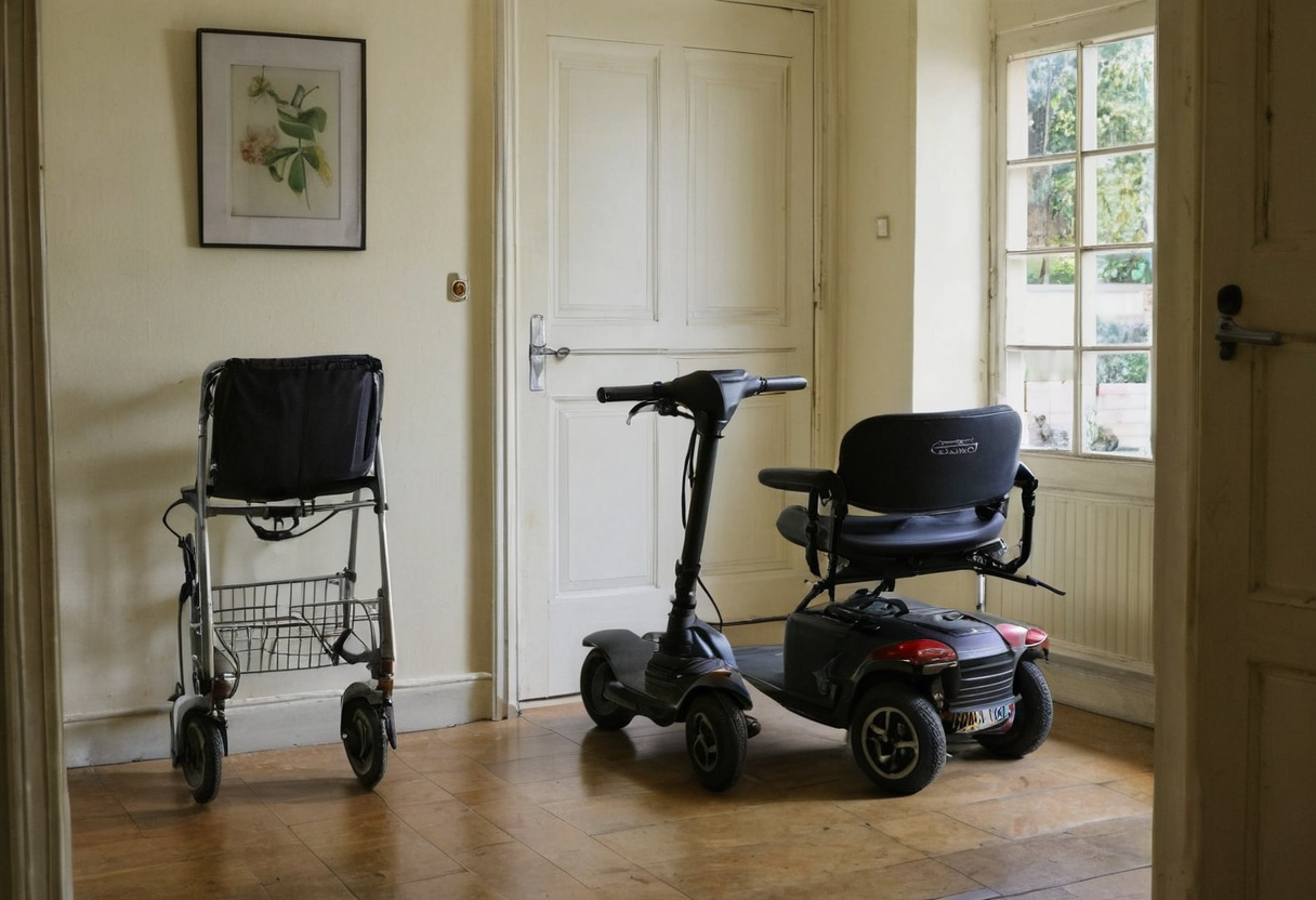 Wheeled walking frame standing beside a mobility scooter in a house hallway