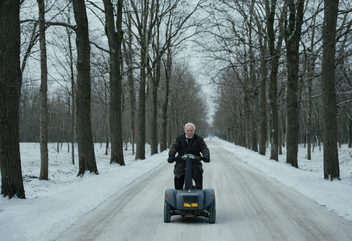Rider on a mobility scooter travelling along a cleared road between snow-covered trees