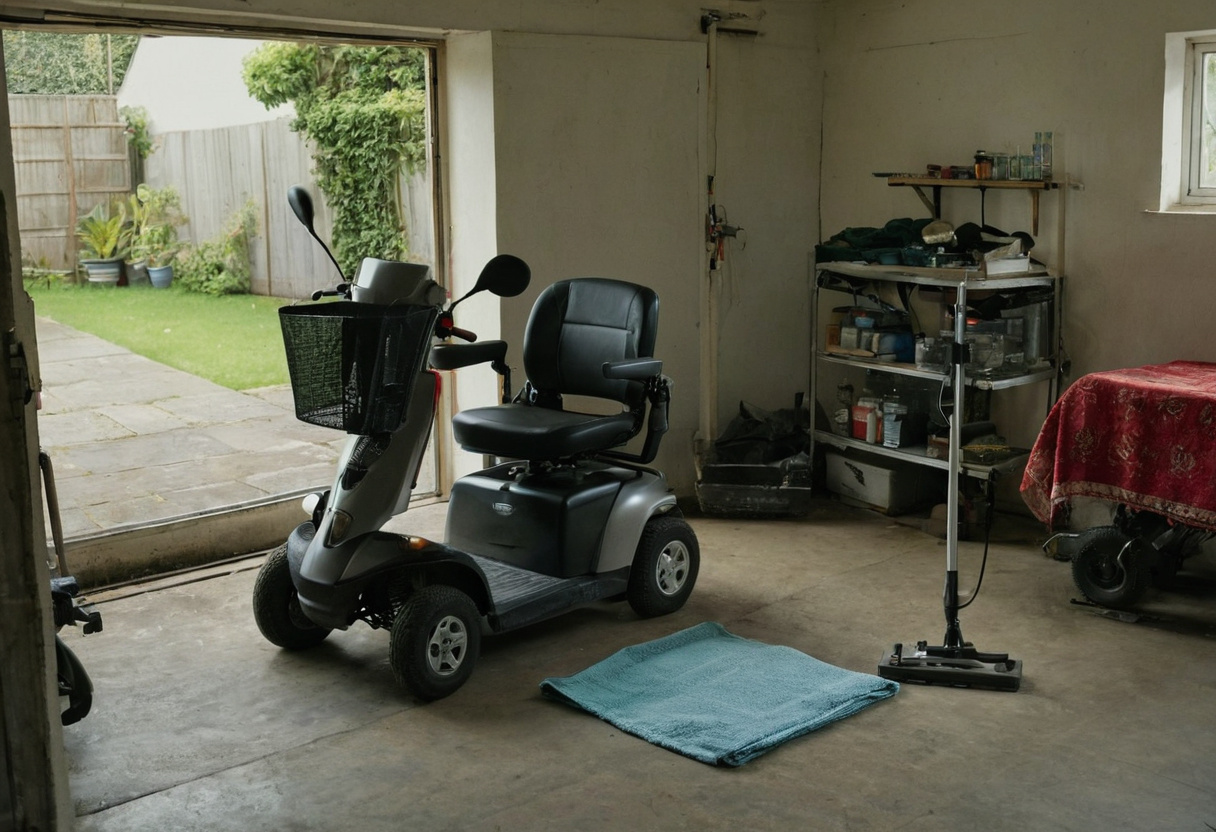 Mobility scooter in a home garage with cleaning and maintenance gear on the floor