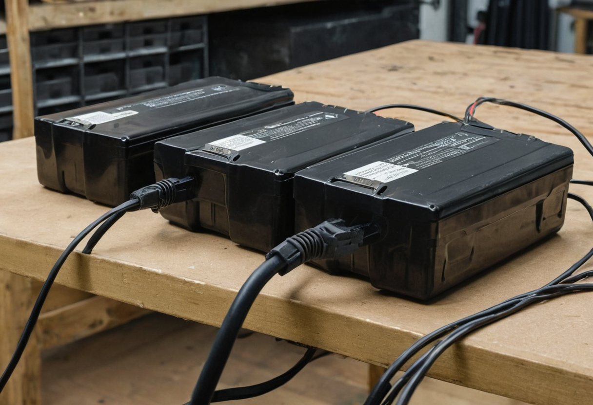 Mobility scooter battery packs on a workbench with charging cables attached