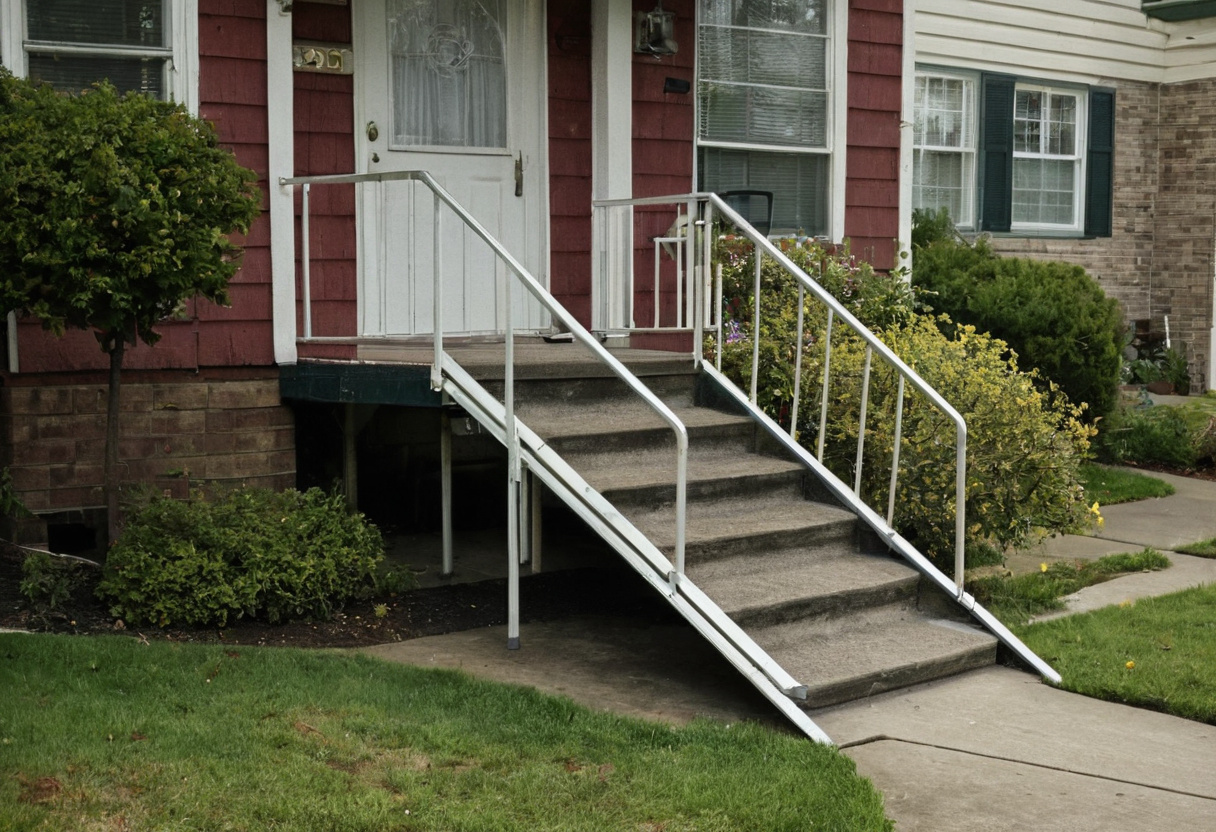 Ramp with handrails built alongside the front steps of a house