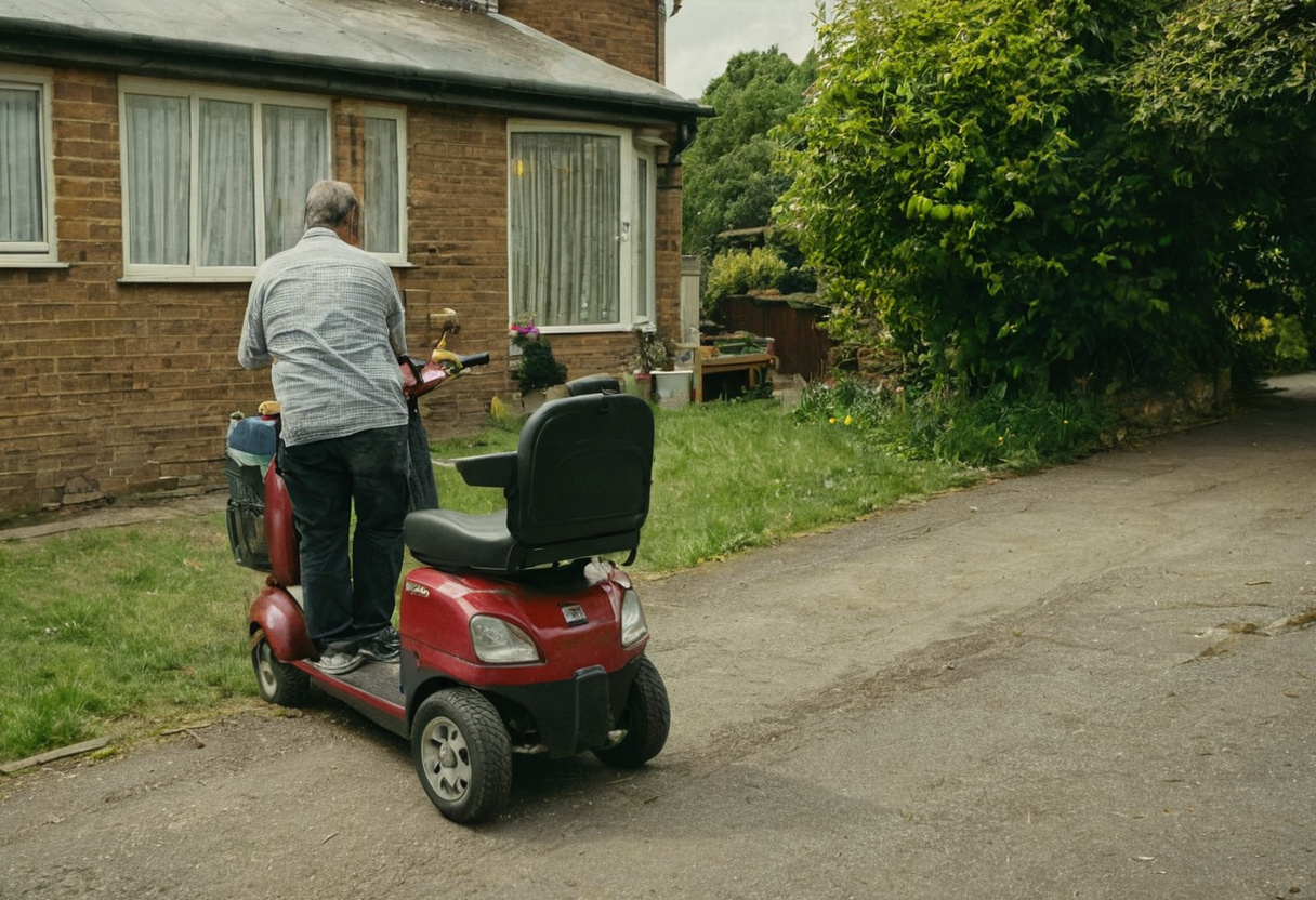 Man standing beside his mobility scooter on a driveway during a routine check