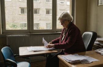 Older woman sorting insurance paperwork at a desk with her mobility scooter beside her