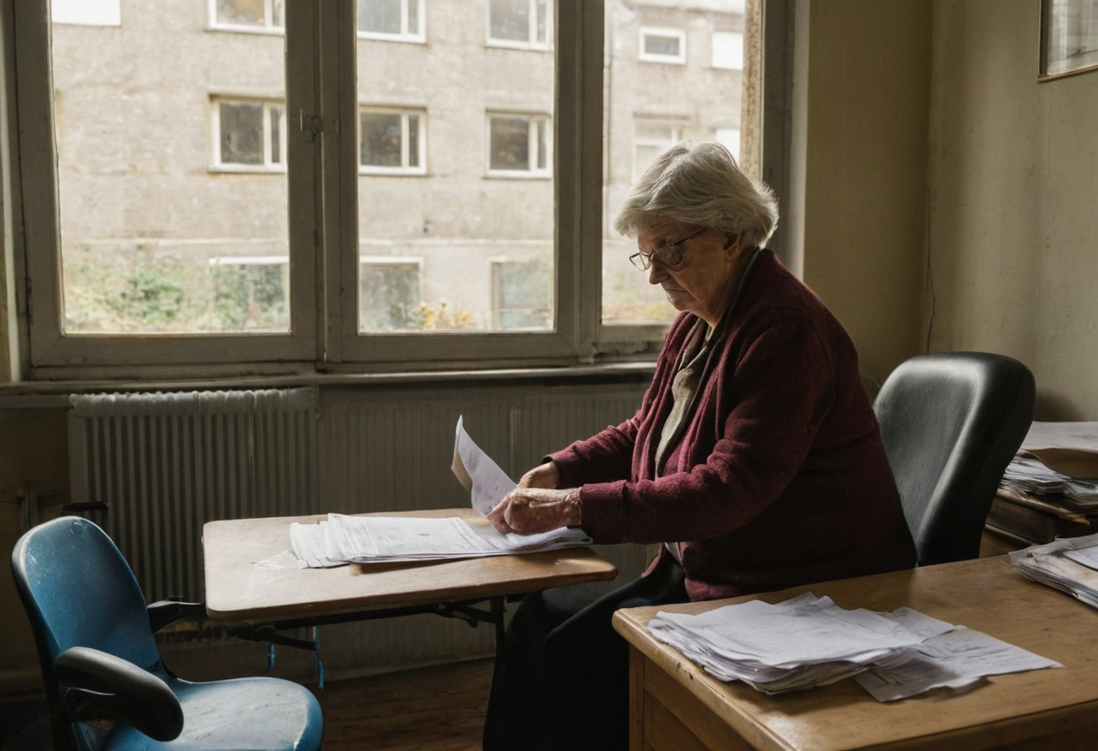 Older woman sorting insurance paperwork at a desk with her mobility scooter beside her