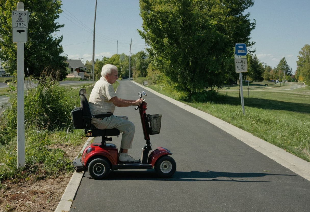 Older man riding a mobility scooter along a shared-use path beside a road