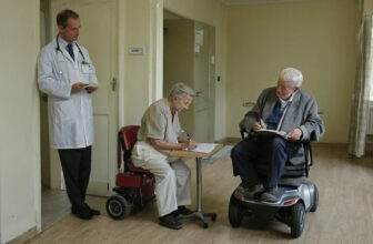 Older man on a mobility scooter in a consulting room with clinical staff