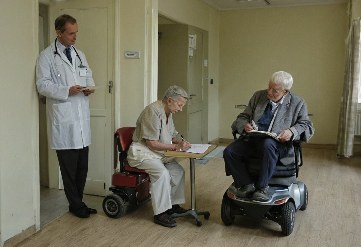 Older man on a mobility scooter in a consulting room with clinical staff