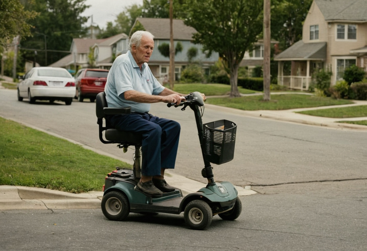 Older man riding a four-wheel mobility scooter along a quiet residential street