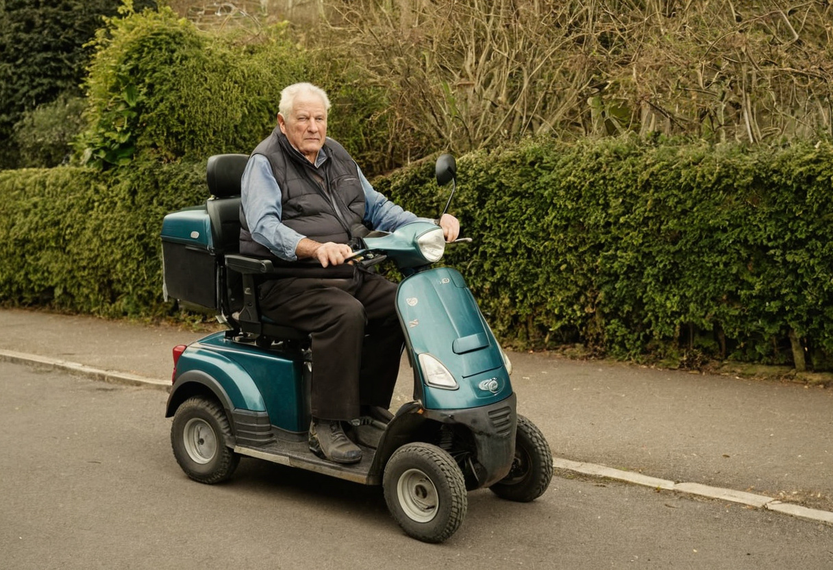 Heavier-built older man seated on a wide heavy-duty mobility scooter