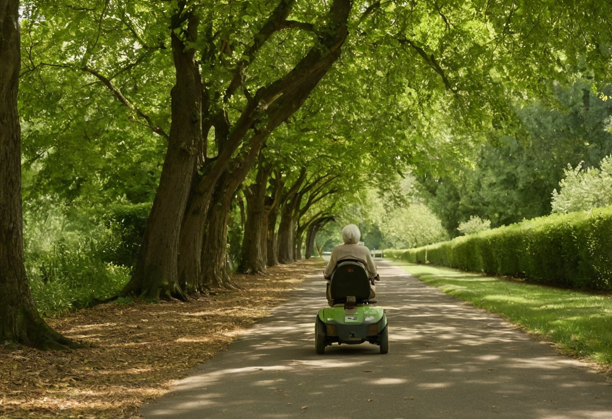 Rider on a mobility scooter on a shaded, tree-lined green path