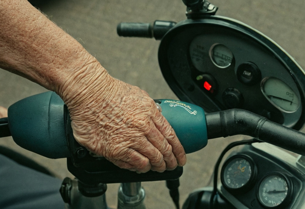 Older person's hand resting on the tiller controls of a mobility scooter