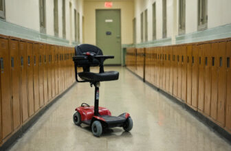 Small compact mobility scooter parked in a school corridor beside lockers