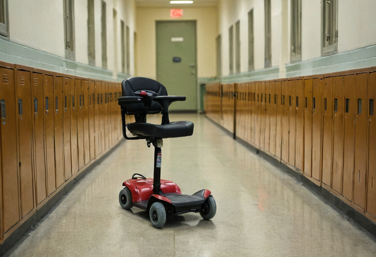 Small compact mobility scooter parked in a school corridor beside lockers