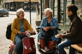 Two older women on mobility scooters talking with a friend outside a cafe