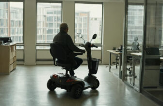 Person riding a mobility scooter through an open-plan office
