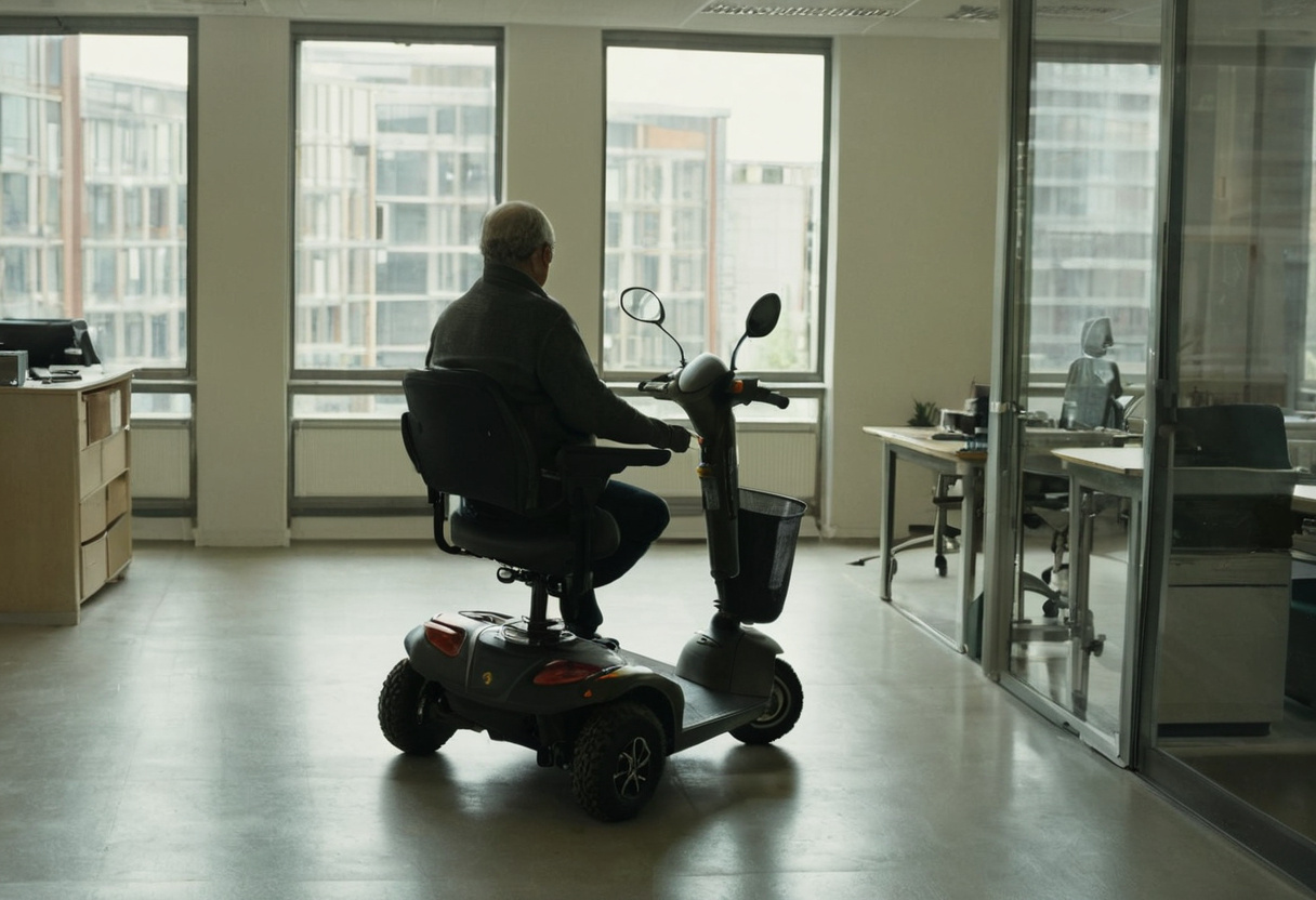 Person riding a mobility scooter through an open-plan office