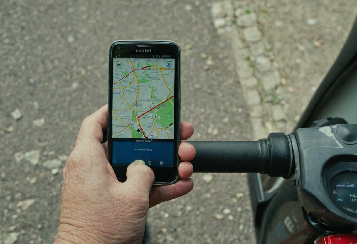 Hand holding a smartphone showing a map beside the tiller of a mobility scooter