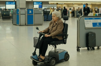 Older woman on a mobility scooter with a suitcase in an airport terminal