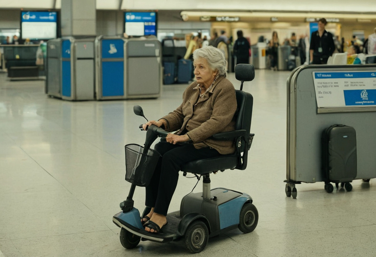 Older woman on a mobility scooter with a suitcase in an airport terminal