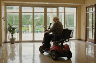 Older resident riding a mobility scooter through the communal lounge of a senior living community