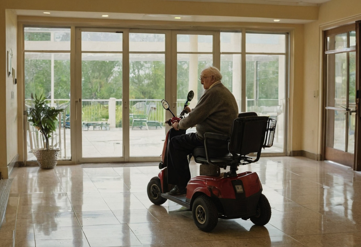 Older resident riding a mobility scooter through the communal lounge of a senior living community