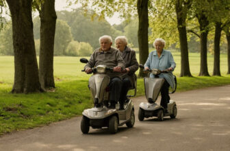 Three older people riding mobility scooters together along a park path