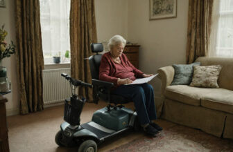 Older woman seated on her mobility scooter reading an insurance document at home