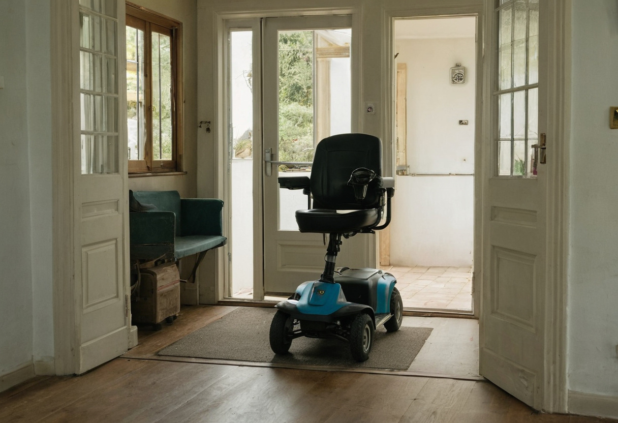 Mobility scooter passing through a widened interior doorway in a home
