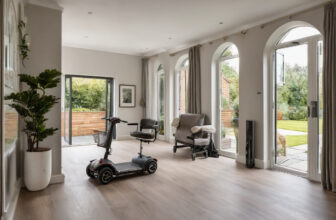 Elegant open-plan living room with step-free access and a mobility scooter parked by the wall