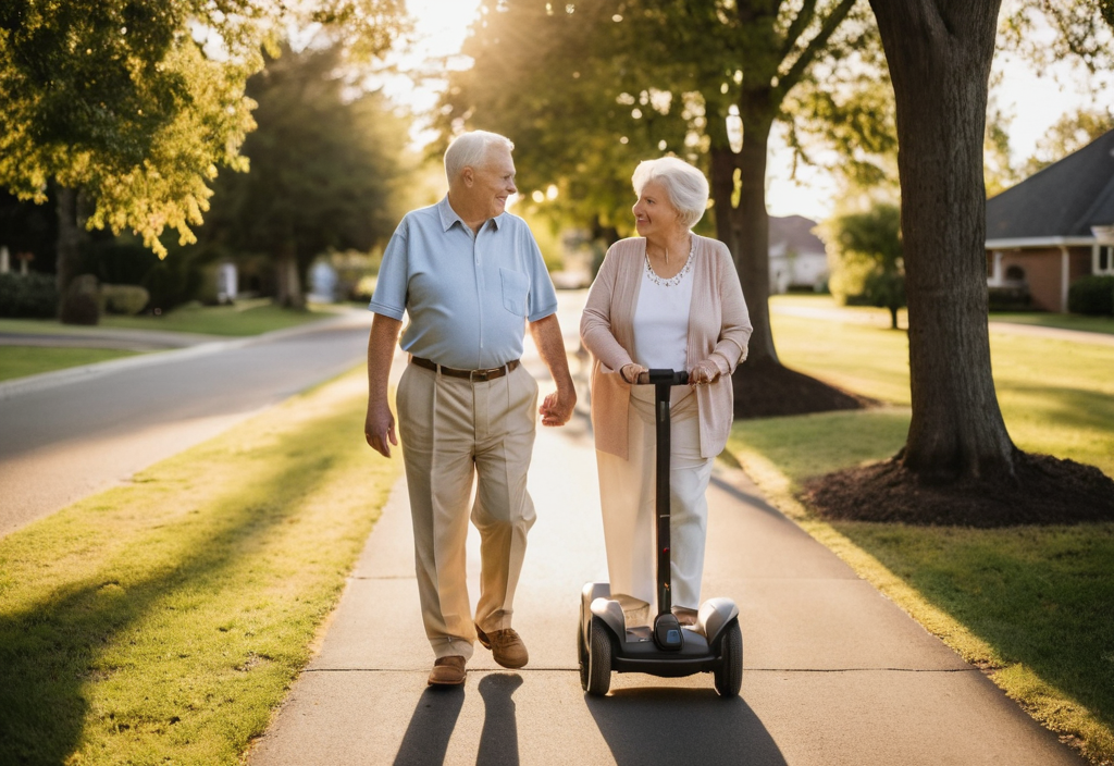 Mobility scooter, couple walk