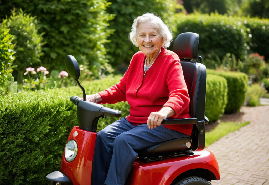Mobility scooter, garden woman