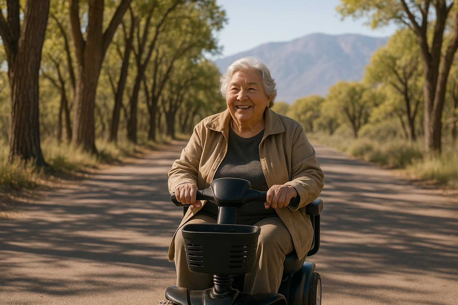 Smiling senior woman riding a four-wheel mobility scooter along a wide flat paved car-free trail through tall cottonwood trees beside the Rio Grande in Albuquerque, with dappled shade and the Sandia Mountains in the distance