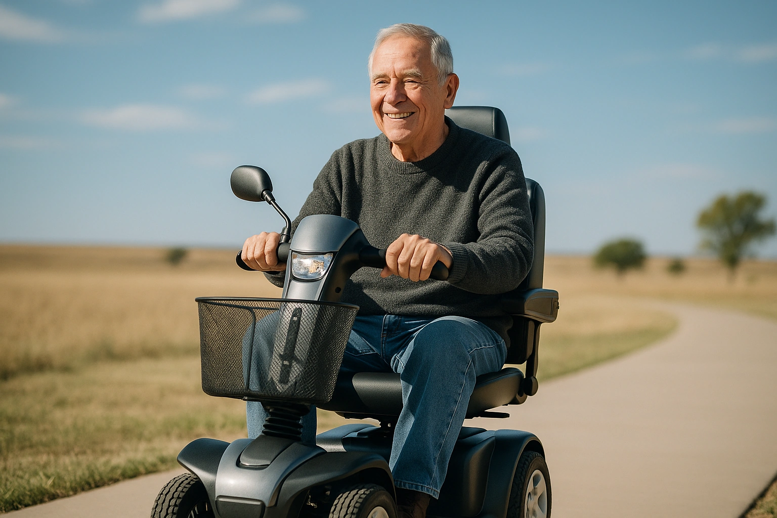 Senior man with grey hair riding a modern four-wheel mobility scooter on a smooth paved park path with wide open high-plains prairie and a big blue Texas Panhandle sky in Amarillo, Texas, with a few trees and a clear sunny day