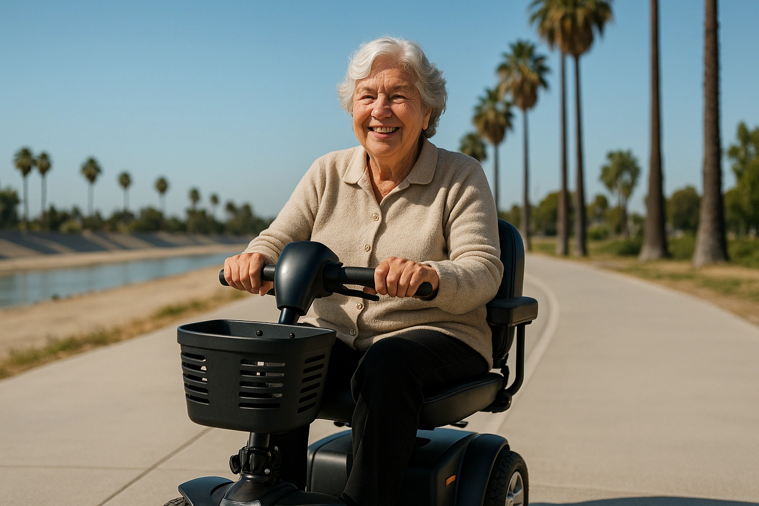 Senior woman with grey hair riding a modern four-wheel mobility scooter on a wide smooth paved Class I riverside bike path along the Santa Ana River with palm trees in Anaheim, California, on a mild sunny Southern California day under a clear blue sky