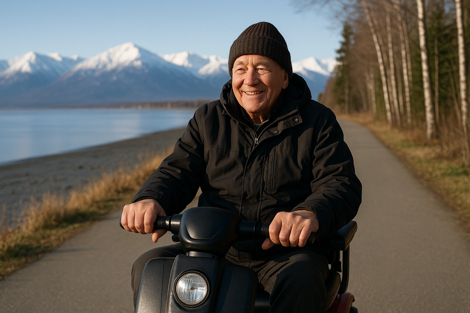 Smiling senior man riding a four-wheel mobility scooter along a wide flat paved coastal trail in Anchorage, Alaska, with calm inlet water alongside, birch and spruce trees and snow-capped mountains in the distance