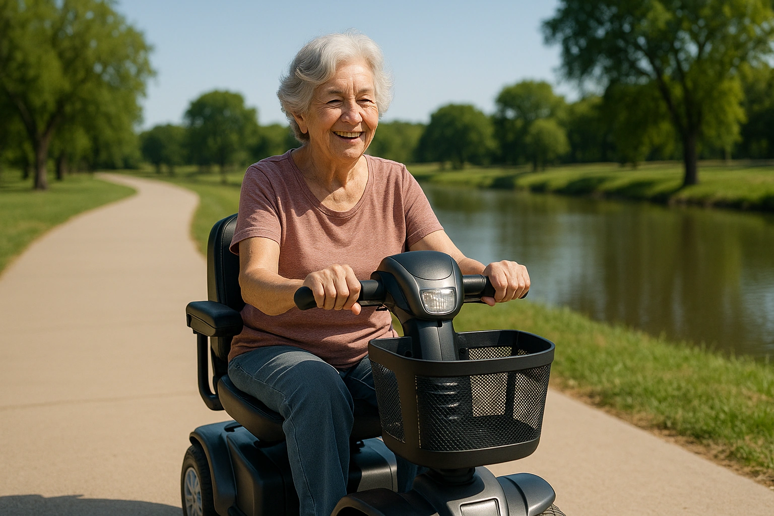 Senior woman with grey hair riding a modern four-wheel mobility scooter on a wide smooth paved park trail along the Trinity River with green trees and a pond in Arlington, Texas, on a warm sunny day under a clear blue sky