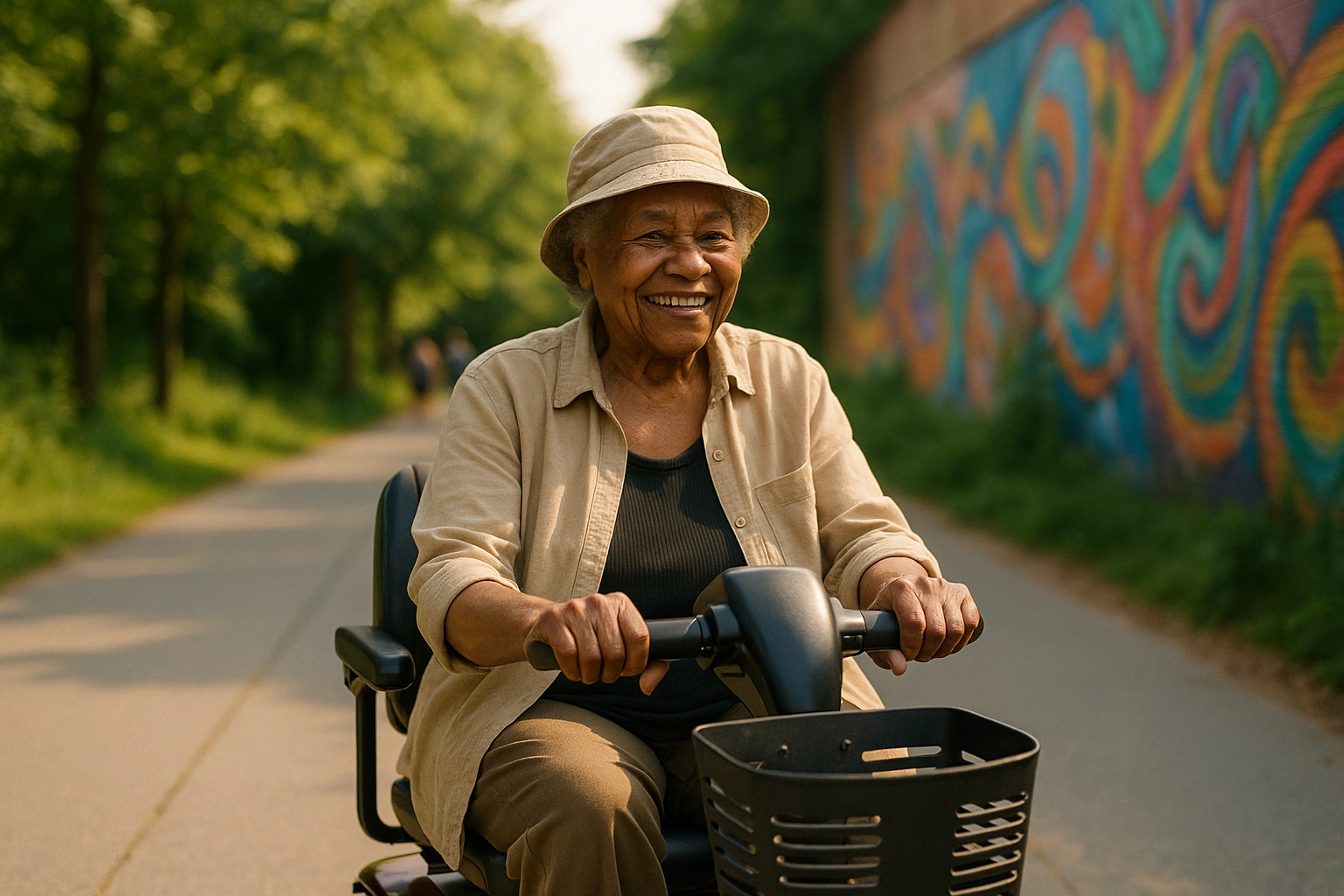 Smiling senior riding a mobility scooter on the paved car-free Atlanta BeltLine Eastside Trail with leafy trees and a mural behind